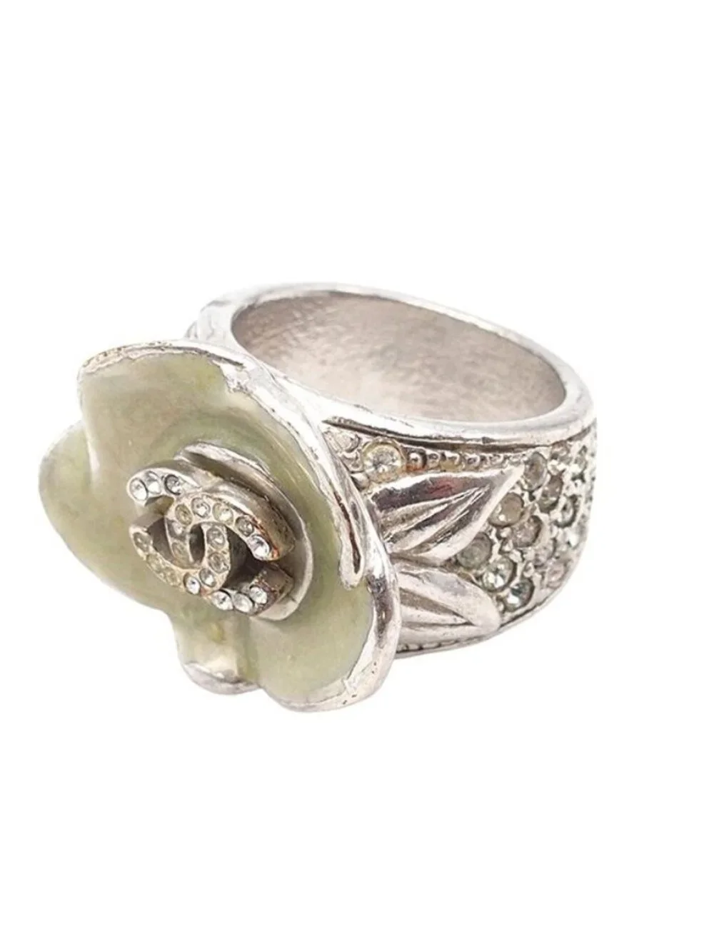 Chanel Camellia Silver Metal CC Logo Rhinestone Ring